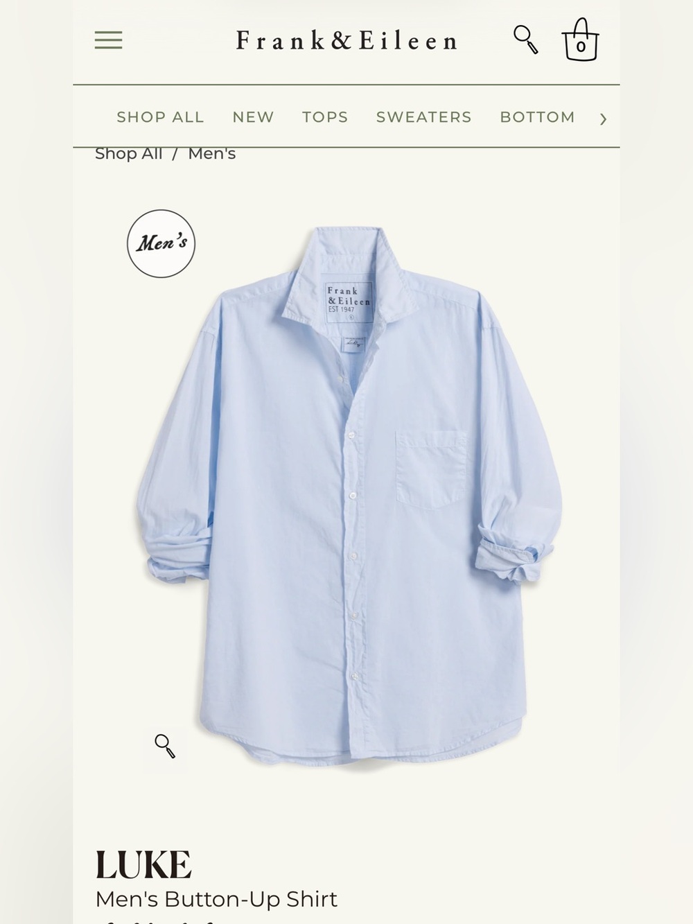 Frank & Eileen “Luke” Men’s Button-Up Shirt — Shirting Blue, large